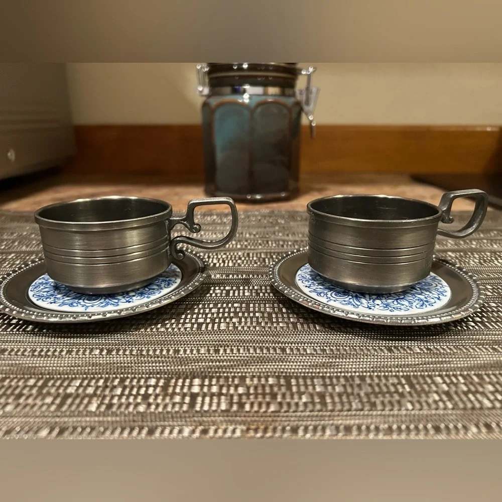 Handcast Pewter&Tile Coasters 4” Blue Porcelain Inlay. Set of 2 Made in Holland